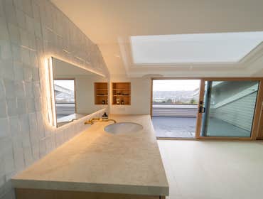 Photos by Fdc Construction LLC Emmy Maruta full bathroom renovation, Californian style tile, gold brass fixtures, heated floor.