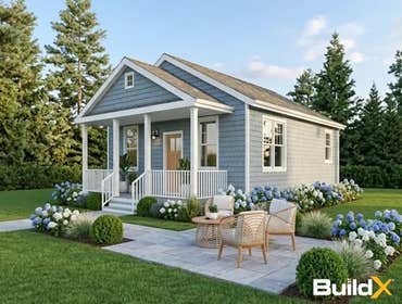 X-14 The Woodland The Woodland ADU offers 725 GFA in a compact 26′×36′ footprint, featuring 1 bedroom, 1.5 baths, and a Farmer's Porch. It includes 10′