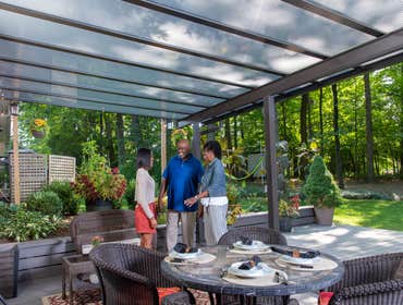 Bright Covers Patio Covers and Commercial Sun Canopies Blocks UV rays and heat, transmits natural light. Made of translucent panels and painted aluminu