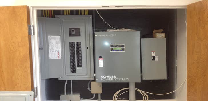Granby Electric LLC Project This is a 3 phase 200 amp main breaker feeding an automatic transfer (generator) switch feeding main panel all tucked away
