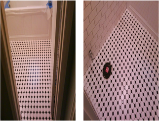 bathroom tile laid floor tile and subway tile on walls