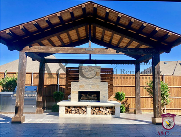 Photos by A&c Construction & Remodeling #1 Stamped Concrete, cedar gable detached patio cover, fireplace and firepit station, wrapped cedar tongue and 