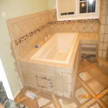 bathroom old bathroom, tranformed into a beautiful bathroom with a whole new design at the request of the costumer. new counter top, new bathtub, new s