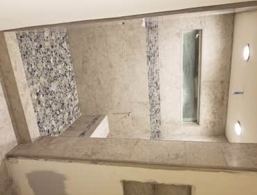 Bathroom in Moorpark “Tile bathroom backsplash”, “bathroom”,
“Bathroom flooring”, “shower seat”, “bathroom door”, “shower glass door”, “shower door”, 