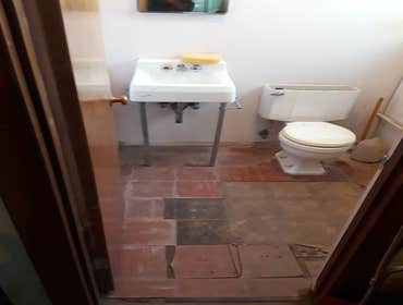 Powder Room Remodel Mostly everything in the bathroom was removed and replaced and entire room was painted. New sink, vanity, toilet, and floor. There 