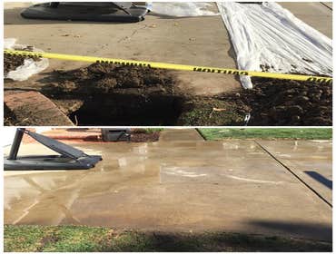 Water main replacement Copper water main, pipe went under sidewalk and driveway. before and after jpictures shows how we backfilled the trench, replac