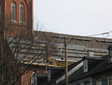 Crossroads Mennonite Church Slate Roof Slate roof replacement of the 150 year old slate roof on the Crossroads Mennonite Church in Lancaster Pa