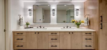 Primary bath vanity with white oak & quartz, Kirkland WA