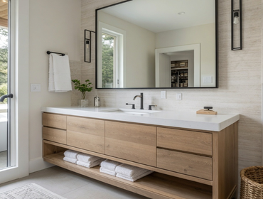 Modern Oak Bathroom Vanity Remodel This bathroom remodel showcases a warm, contemporary design centered around a custom white oak floating vanity with 