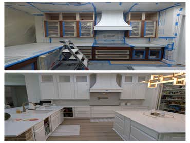Kitchen Cabinet Refinishing/Painting We refinished the kitchen cabinets at 426 Highland Bluff from dark wood to a clean white finish. The work included