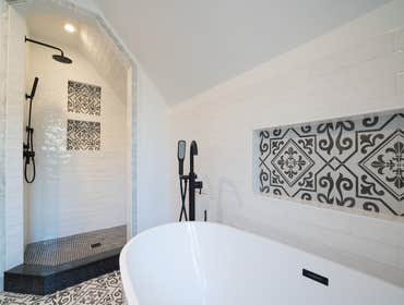 Modern Barn Bathroom Addition | Redwood City This Redwood City bathroom addition transforms an outdated space into a modern barn–inspired retreat. The 