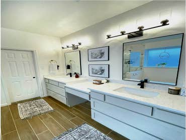 Photos by Trublue House Care of Allen #26 Full master bath remodeling. New bigger shower, frameless panel glass, flooring, vanity, countertop, lighting