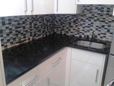 Laundry backsplash Glass and porcelain mosaic tile 1"x2"