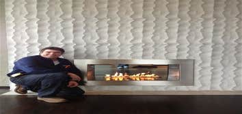Shamburg Heating LLC Project Before and after a fireplace installation with mantle and cabinets.