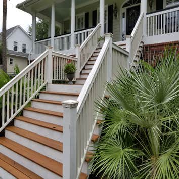 Stair rail rebuild Remove old handrails, treads and risers. Replace any bad stringers. Build out new hand rails with decoritive mouldings and new tread
