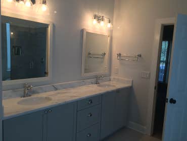 Daniel Island Master Bathroom Beach style Master Bathroom update with free standing tub, glass shower and ship lap siding and trim