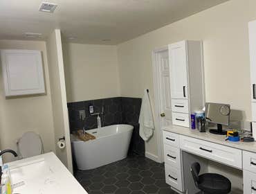 Nathan's Bathroom & kitchen remodel Gut and remodel entire bathroom to more of an open floor plan. Replace all flooring downstairs update kitchen cabin