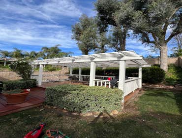 Pergola Repair Demolished existing rotted beams and rafters. Replaced with new KD #1 S4S Douglas Fir Beams and rafters. Added new hardware to bring i