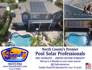 Sunset Pool Co Photos Recent projects by Sunset Pool Co. including solar, rust stain repair, resurfacing (replastering a pool), tile cleaning & repair,