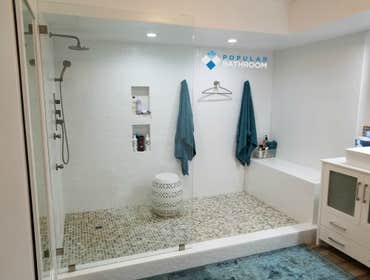 Toluca Lake Bathroom Remodeling Open Layout Concept without any interior walls. Large Wet area for drying off and applying moisturizers. Wood Like tile