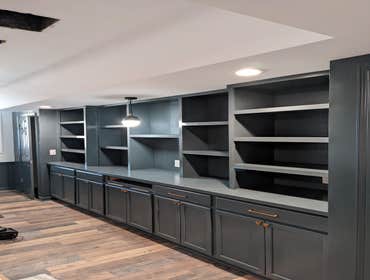Spray Finished Built-in Office Bookshelf and Cabinets in Benjamin Moore Narragansett Green by Wescott Painting in Pittsburgh, PA. 3 of 3.