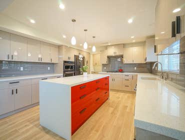 Modern flat doors with red island