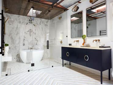 Photos by Na Design Builders #5 complete Master Bathroom renovation including Marble walls and floor, steam shower, custom vanity, wallpaper and more!