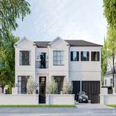 Palisades Residence A transitional white brick building designed to stand out against the lush greenery of the beautiful community. From the curb the f