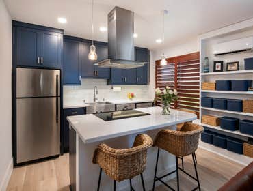 Small Colorful kitchen This client loved blue and wanted to refresh their small kitchen. The Modern farm sink in stainless steel added a touch of luxur
