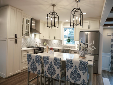White Cabinetry, Wood Beams & Hex Tile Backsplash in Open-Concept Kitchen Renovation