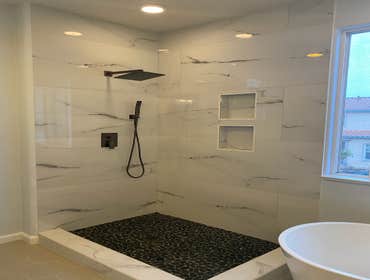 Full bathroom remodel In here you can see the before pictures, the sketch we created followed by the 3D design and the process throughout the project t