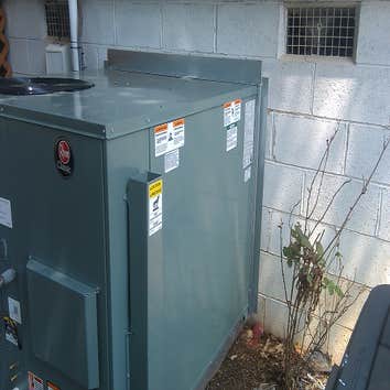 "Rheem" dual fuel packaged unit We replaced an old gaspack with a new "Rheem" brand dual fuel model that will heat with efficient heat pump technology 