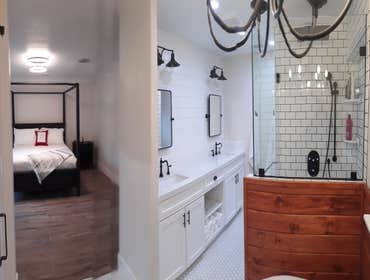 Photos by Ruben Garcia Dba Fast Track Construction #3 Incorporate & convert powder room into free standing tub area with shower next to it. Frameless s