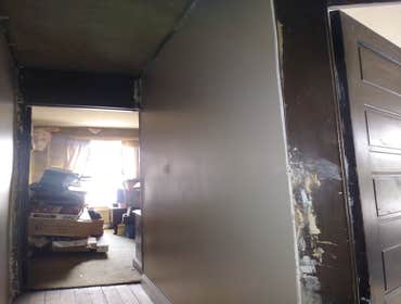 Photos by Oak and Stone Renovations #1 Insurance job. Small electrical fire damaging living room dining room and bath.