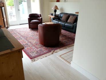 Red oak, tongue & groove, white finish