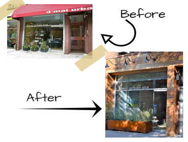 Spa Storefront For this project we removed old steel gate. We installed Cedar wood planks and add some goose neck lighting.