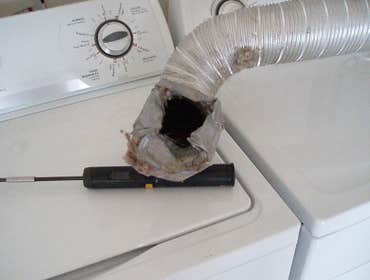 Dryer vent repair This vent was originaly installed by the homebuilder with flex duct with 90deg. turns and was duct taped to the top plate. This vent 