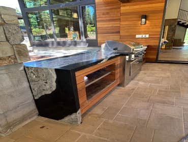 Martis Camp custom BBQ counters 3/4” granite slab counters with drop down waterfall edge