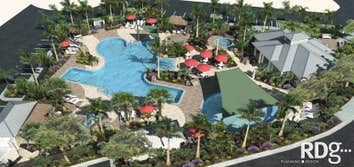 Shell Point Retirement Community Resort Pool Resort Pool and Bathhouse- Bathhouse facility, resort pool with lap pool section, beach-walk-in entry, tre