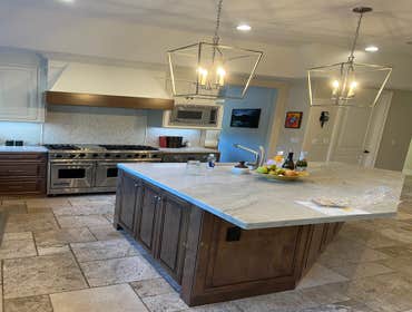 Chatsworth Kitchen Remodel Kitchen Remodel: Ann Sacks 3x12 tile laid in Herringbone pattern. White Taj Mahal Quartzite slabs, Stained lowers and painte