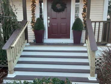 New Stairs with Kona Decking and Wood Railings & PVC Trim