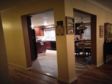Kitchen Remove ceiling, reset previous contractors work housing, cabinets, base cabinet new tile floor new granite new under cabinet lighting, new gran