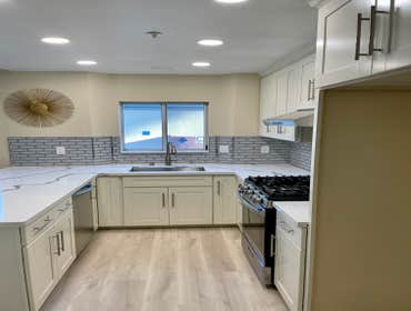 Moorpark Kitchen Remodeling, Installation Of New Cabinets, Countertops, Island, wiring, Lighting, Outlets, Flooring, Piping, New Sink, Garbage Disposal