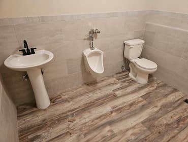 Commercial bathroom remodel before dividers installed