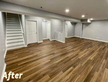 Complete Basement Finishing Transformed an unfinished basement into a warm, inviting space perfect for family gatherings and relaxation.