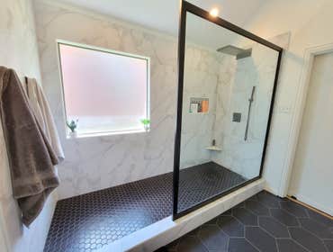 Photos by Trublue House Care of Allen #16 Full master bath remodeling. New bigger shower, panel glass, flooring, vanity, countertop, lighting, painting