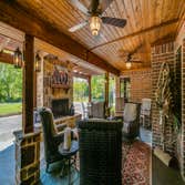 Covered patio with outdoor fireplace