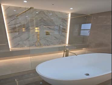 San Francisco Bathroom Remodel Ultra modern full bathroom remodeling project in San Francisco, including a free standing tub, free standing sinks, fram