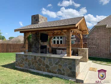 Photos by A&c Construction & Remodeling #5 300 sqft Stamped concrete
250 sqft Detached cedar patio cover
10 ln ft fireplace, iron box
10 ln in stone 