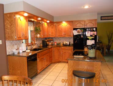 Kitchen Cabinet Make-Over These are handmade custom Oak cabinets re-done with Benjamin Moore Advance Satin in Lancaster Whitewash